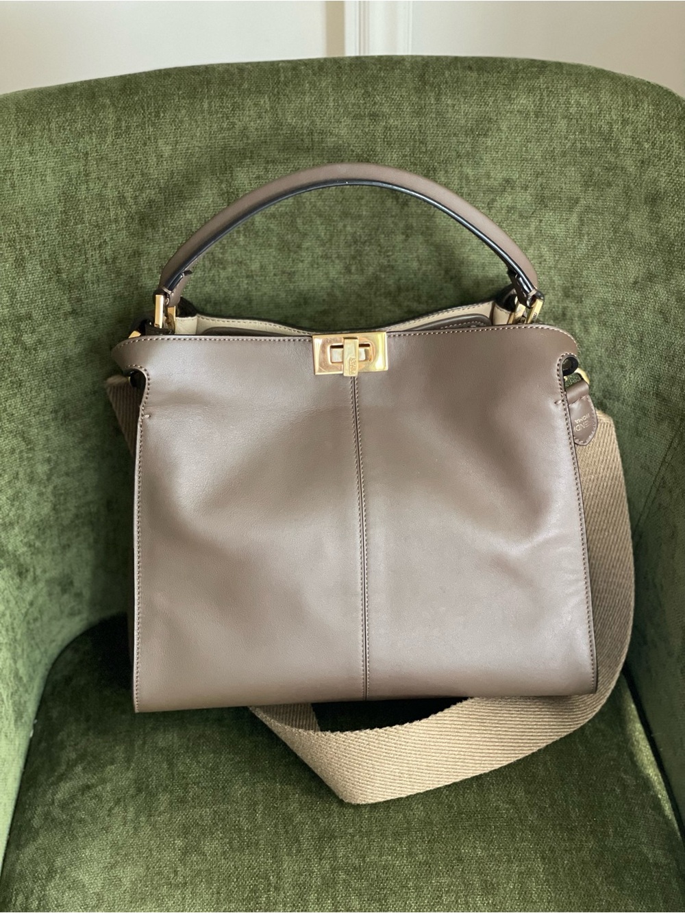 Fendi Peekaboo Taupe Leather Top-Handle Shoulder Bag with Gold Hardware